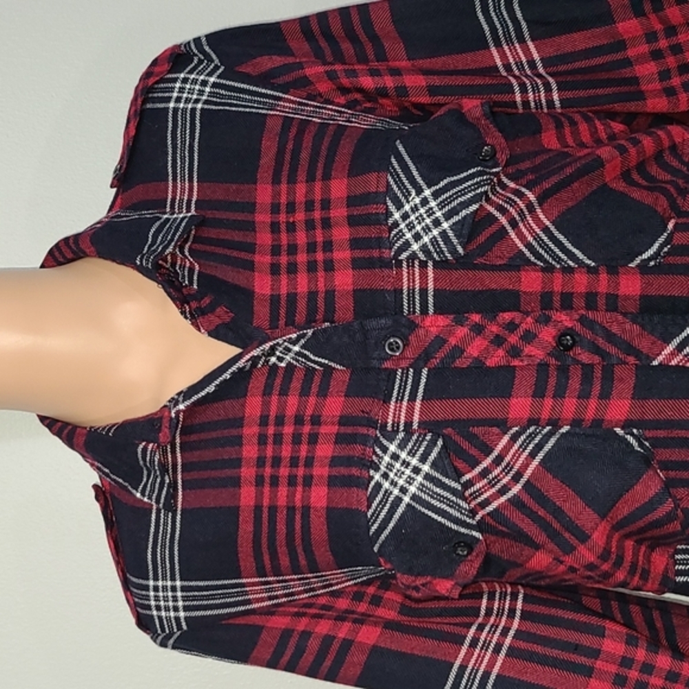Zara Basic Red/Black Button-Front Plaid Shirt Rol… - image 3